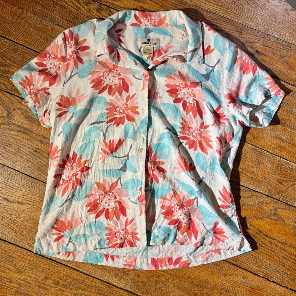 Woolrich 🌻 Pink Sunflower Ecru Print Button Down Camp Shirt Silk/Cotton Blend 💕🍃